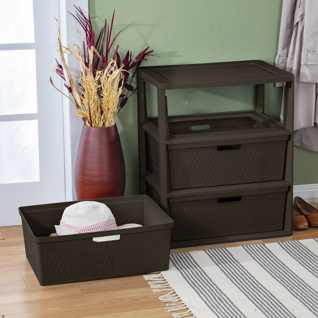 Sterilite Wide 3 Drawer Tower, Plastic Storage Organizer with Removable Decorative Bins, Easy to Assemble - No Tools Needed, Brown - Walmart.com
