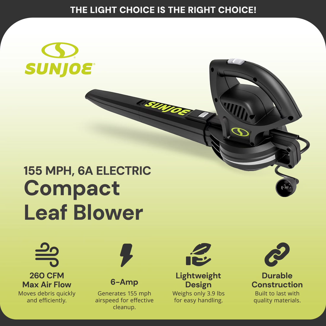 Sun Joe 6-Amp 155 mph Corded Electric Handheld Leaf Blower, Light-Duty Lawn Tool, Black