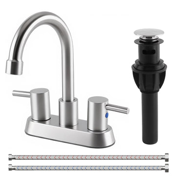 Aovky Bathroom Faucets 4 Inch Centerset, 2 Handle Brushed Nickel Bathroom Sink Faucet for 3 Hole Vanity with Pop-Up Drain Stopper and Supply Hoses