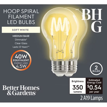 Better Homes & Gardens A19 LED Vintage Bulb 4.5W (40W Equivalent) Amber Glass E26 Dimmable 2-Pack