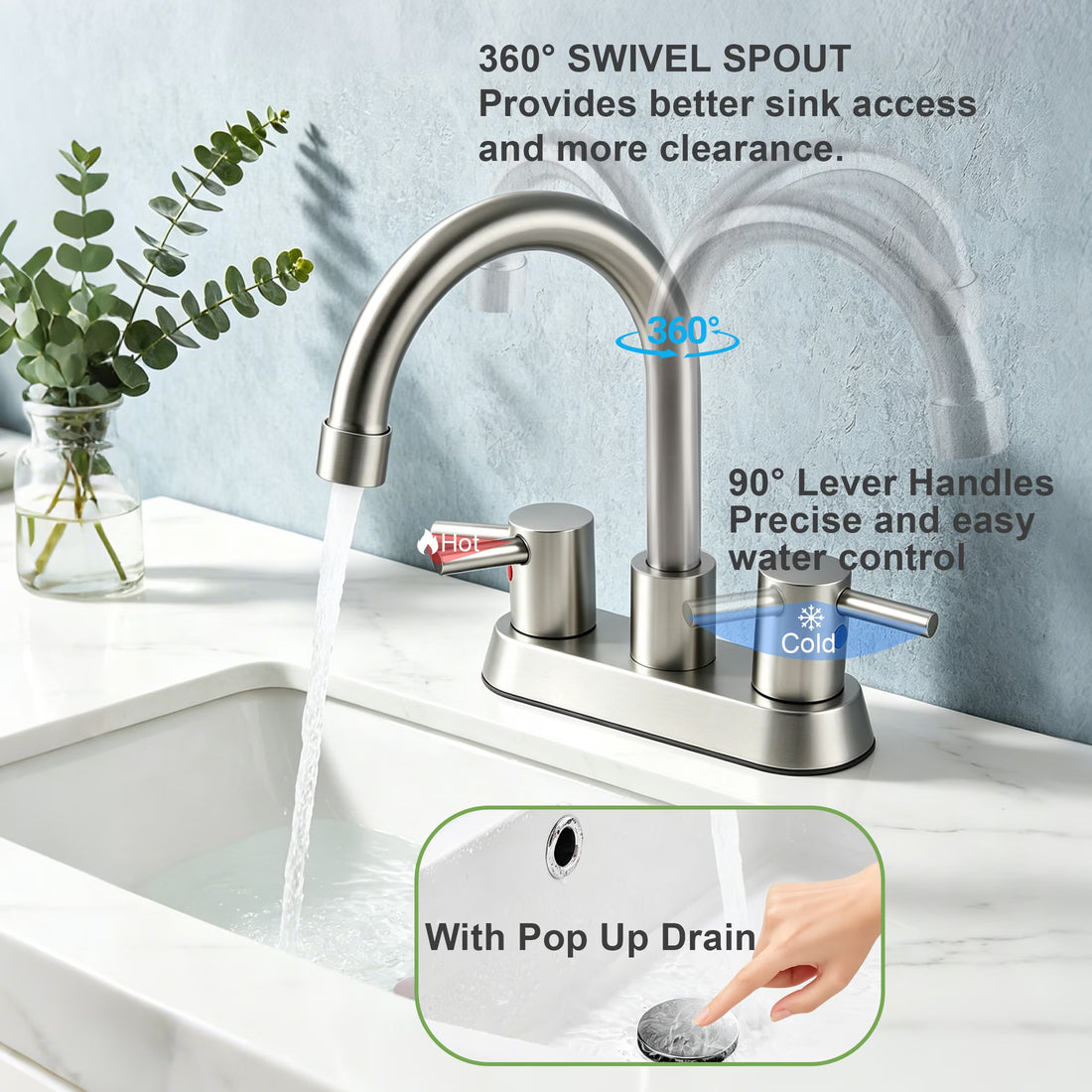 Aovky Bathroom Faucets 4 Inch Centerset, 2 Handle Brushed Nickel Bathroom Sink Faucet for 3 Hole Vanity with Pop-Up Drain Stopper and Supply Hoses