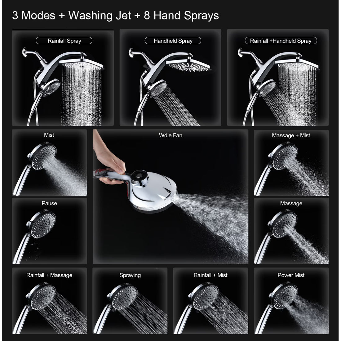 KESTE 12 Inch High Pressure Rain Shower Head with Handheld Spray Combo, 3+8+1 Spray Setting, Built-in Magnetic Docking, Dual Showerheads for Bathroom, Anti-Clog,Silver Chrome